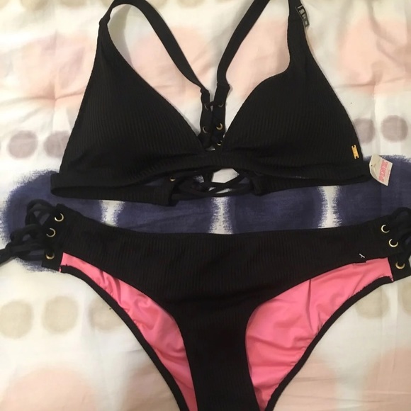 VS PINK black ribbed lace up bikini NWT - Picture 6 of 11